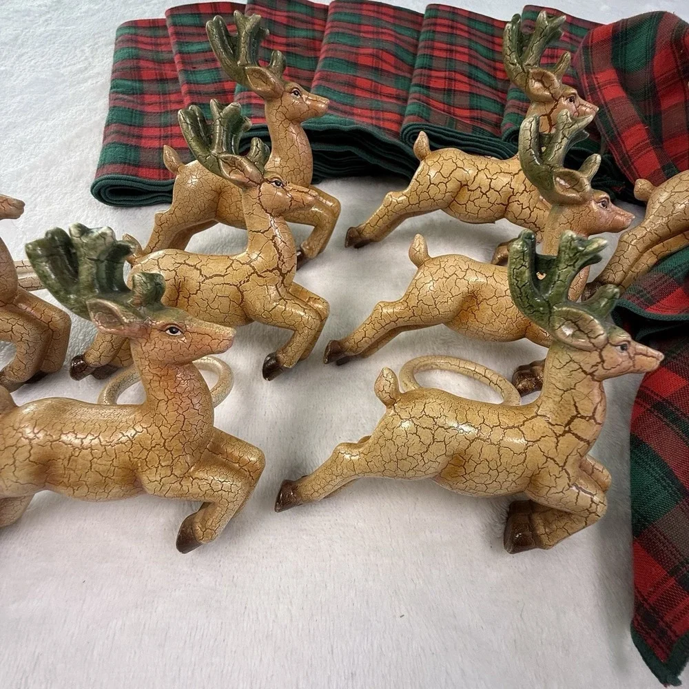 Vintage Christmas Reindeer Napkin Rings Set 8 Tartan Plaid Cloth Napkins Holiday